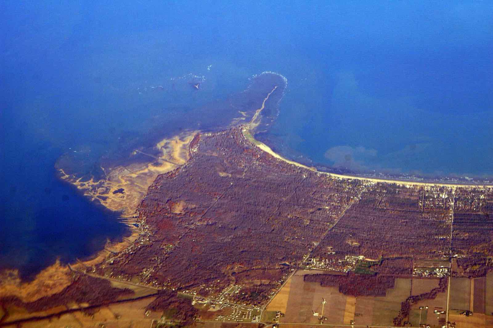 Aerial view of the lakeshore in autumn